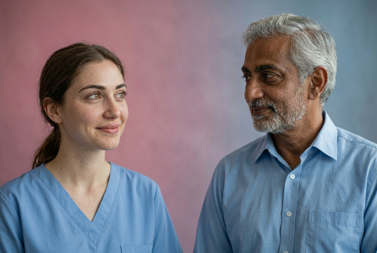 Two people facing each other with warm, friendly expressions